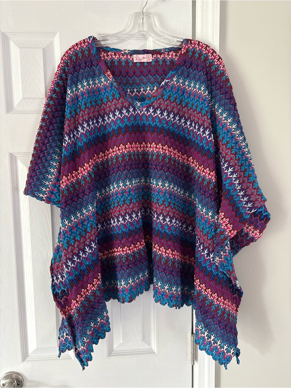 Multicolor V-Neck Poncho in Blue, Purple & Pink